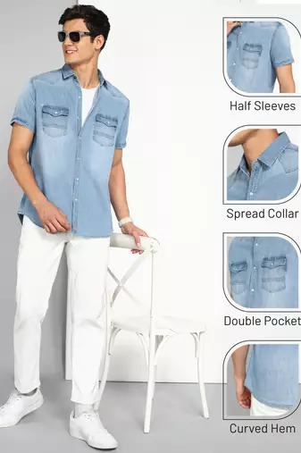 Men's denim double pocket casual shirt | half sleeves shirt for men
