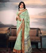 Digital print cotton silk sea green saree