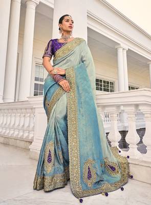 Weaving crepe jacquard saree in aqua blue 1