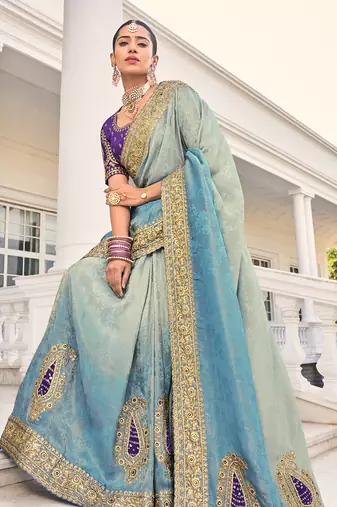 Weaving crepe jacquard saree in aqua blue