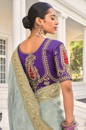 Weaving crepe jacquard saree in aqua blue