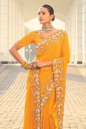 faux crepe embroidered amber saree