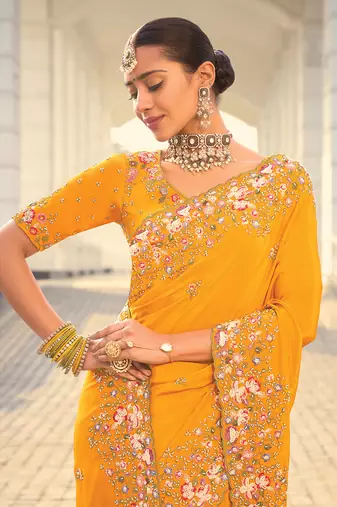 faux crepe embroidered amber saree