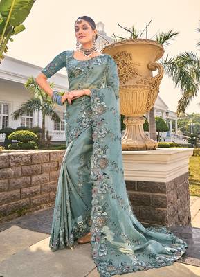 Organza grey embroidered wedding saree 1