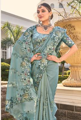 Organza grey embroidered wedding saree 2