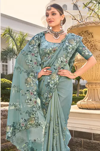 Organza grey embroidered wedding saree