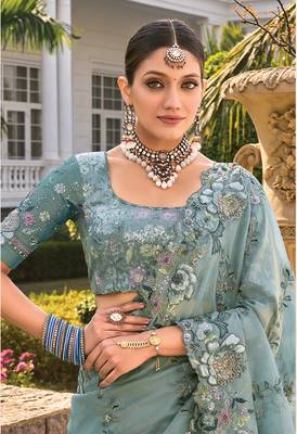 Organza grey embroidered wedding saree 3