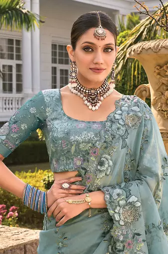 Organza grey embroidered wedding saree