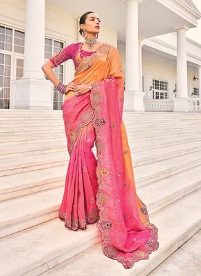 Crepe jacquard rani pink embroidered saree 1