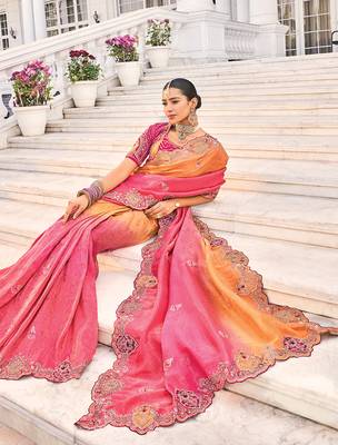 Crepe jacquard rani pink embroidered saree 2