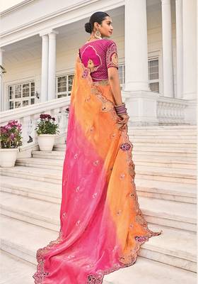 Crepe jacquard rani pink embroidered saree 3