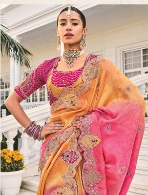 Crepe jacquard rani pink embroidered saree 4