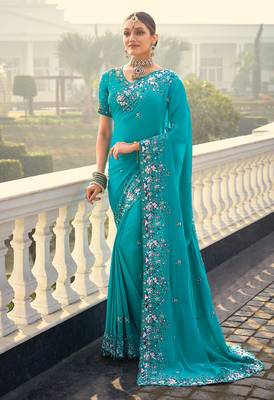 Blue faux crepe embroidered saree 1