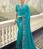 Blue pure crepe embroidered classic saree