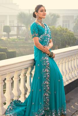 Blue faux crepe embroidered saree 2