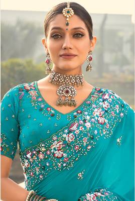 Blue faux crepe embroidered saree 3