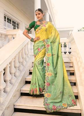 Crepe jacquard light green and yellow sequins work saree 1