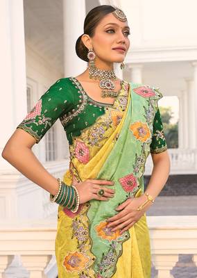 Crepe jacquard light green and yellow sequins work saree 2