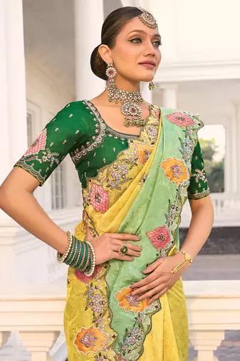 Crepe jacquard light green and yellow sequins work saree