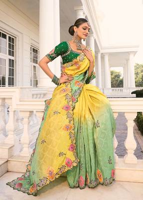 Crepe jacquard light green and yellow sequins work saree 3