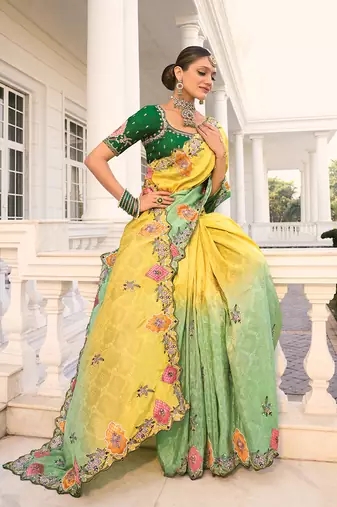 Crepe jacquard light green and yellow sequins work saree