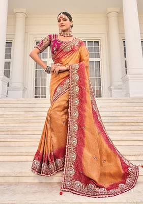 Crepe jacquard rust color embroidered saree 1