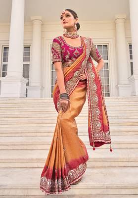 Crepe jacquard rust color embroidered saree 2