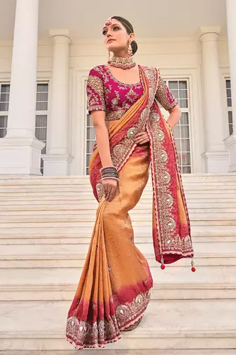 Crepe jacquard rust color embroidered saree