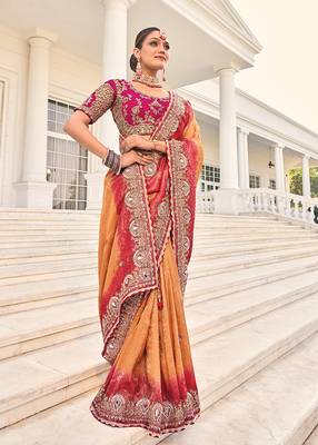 Crepe jacquard rust color embroidered saree 3