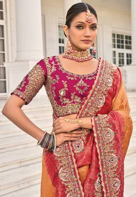 Crepe jacquard rust color embroidered saree 4