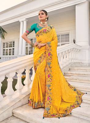 faux crepe yellow embroidered saree 1