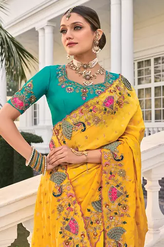 faux crepe yellow embroidered saree