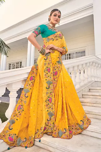 faux crepe yellow embroidered saree