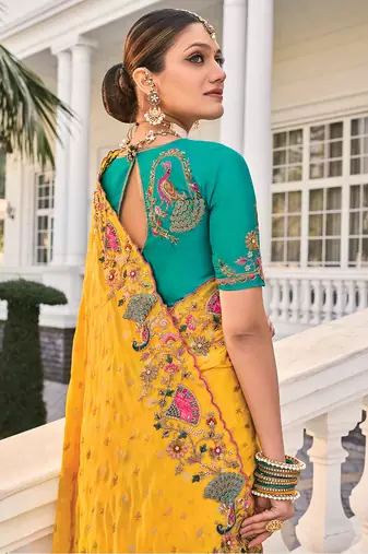 faux crepe yellow embroidered saree
