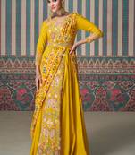 Mustard print embroidery sequins work silk gown suit- free size stitched(size upto 42")