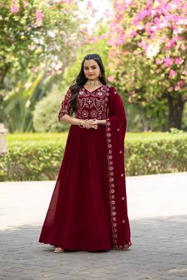 Maroon vichitra silk zari sequins embroidery gown with heavy dupatta 1