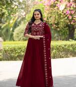 Maroon vichitra silk zari sequins embroidery gown with heavy dupatta