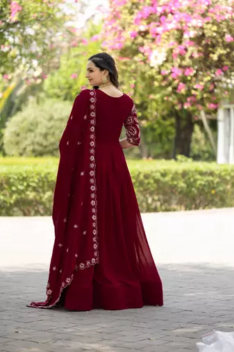 Maroon vichitra silk zari sequins embroidery gown with heavy dupatta