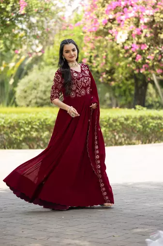 Maroon vichitra silk zari sequins embroidery gown with heavy dupatta