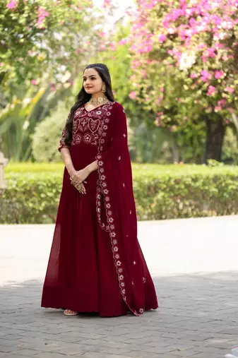 Maroon vichitra silk zari sequins embroidery gown with heavy dupatta