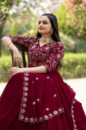 Maroon vichitra silk zari sequins embroidery gown with heavy dupatta