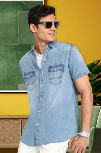 Men's denim double pocket casual shirt | half sleeves shirt for men