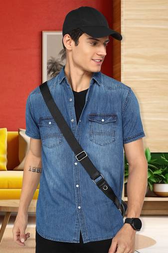 Men's denim double pocket casual shirt | half sleeves shirt for men