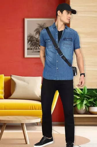 Men's denim double pocket casual shirt | half sleeves shirt for men