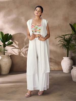 Hand-embroidered beaded crop top with flowy palazzo & sheer cape 1