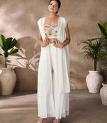 Hand-embroidered beaded crop top with flowy palazzo & sheer cape