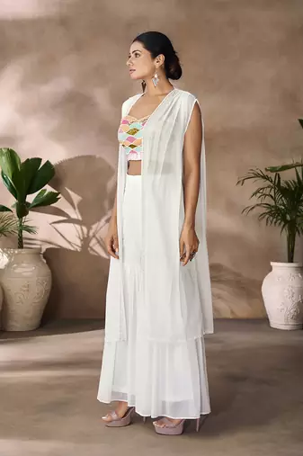 Hand-embroidered beaded crop top with flowy palazzo & sheer cape