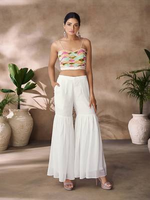 Hand-embroidered beaded crop top with flowy palazzo & sheer cape 4