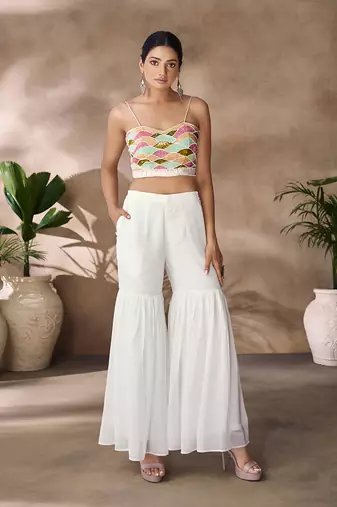 Hand-embroidered beaded crop top with flowy palazzo & sheer cape