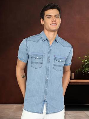   men's denim double pocket casual shirt | half sleeves shirt for men   1